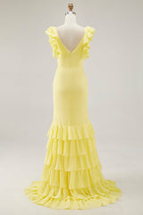 Yellow Prom Dress Chiffon V-Neck Long Mermaid Ruffles Formal Dress With Slit
