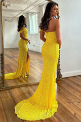 Yellow Prom Dress Detachable Straps Mermaid Sequined Evening Dress with Slit