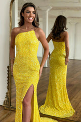 Yellow Prom Dress Detachable Straps Mermaid Sequined Evening Dress with Slit