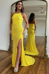 Yellow Prom Dress Detachable Straps Mermaid Sequined Evening Dress with Slit