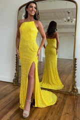 Yellow Prom Dress Detachable Straps Mermaid Sequined Evening Dress with Slit
