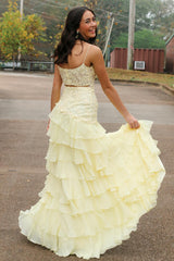 Yellow Prom Dress Floral Tiered Spaghetti Straps Evening Dress with Slit