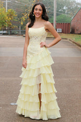 Yellow Prom Dress Floral Tiered Spaghetti Straps Evening Dress with Slit