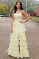 Yellow Prom Dress Floral Tiered Spaghetti Straps Evening Dress with Slit