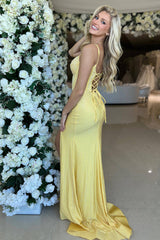 Yellow Prom Dress Mermaid Long Corset Beaded Evening Dress With Slit