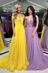 Yellow Prom Dress Off The Shoulder A-Line Chiffon Long Formal Dress