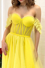 Yellow Prom Dress Off the Shoulder Tulle Long Evening Dress