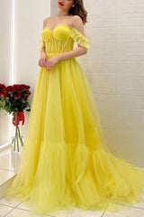 Yellow Prom Dress Off the Shoulder Tulle Long Evening Dress