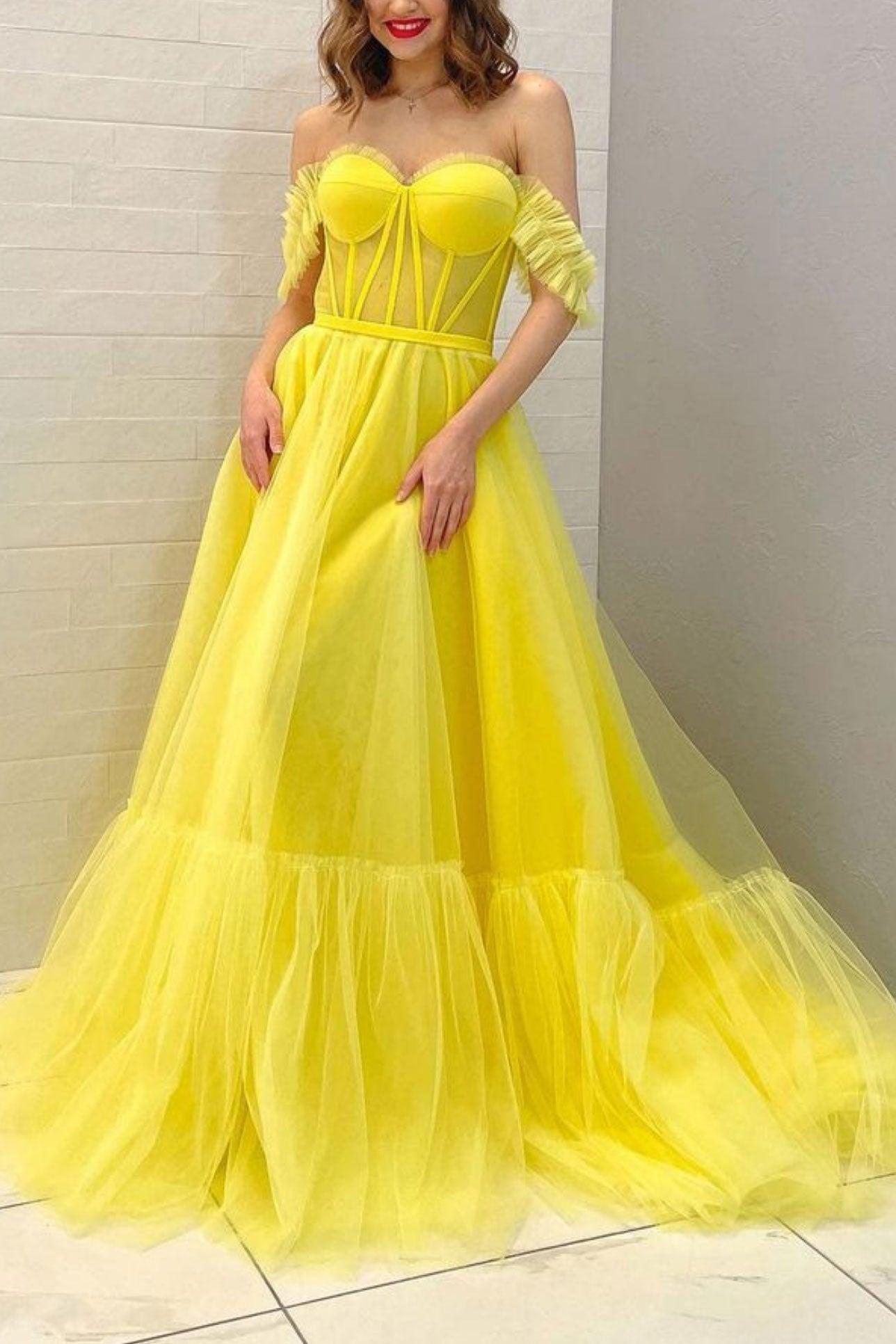Yellow Prom Dress Off the Shoulder Tulle Long Evening Dress