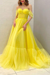 Yellow Prom Dress Off the Shoulder Tulle Long Evening Dress