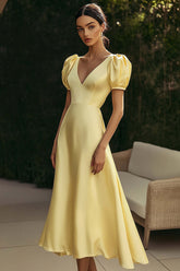 Yellow Prom Dress Satin A Line V-Neck Long Formal Dress With Puff Sleeves