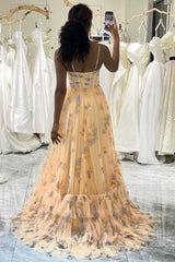 Yellow Prom Dress Tulle A Line Long Tiered Evening Dress