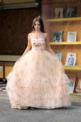 Yellow Prom Dress Tulle A Line Long Tiered Evening Dress
