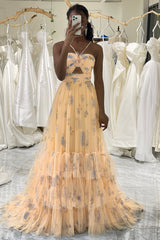 Yellow Prom Dress Tulle A Line Long Tiered Evening Dress