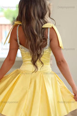 Yellow Satin Bow Strap Beaded A-Line Mini Homecoming Dress