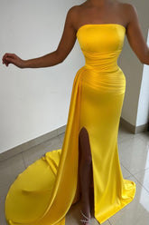 Yellow Satin Mermaid Prom Dress with Draped Side Train and High Slit