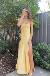 Yellow Satin Spaghetti Straps Long Ruched Prom Dress With Slit Formal Evening Gown