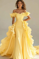 Yellow Sheath/Column Prom Dress Off the Shoulder Ruffled Formal Dress
