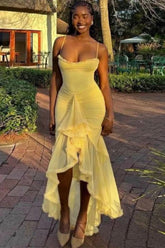Yellow Spaghetti Straps Mermaid Prom Gown With Asymmetrical Ruffles Formal Evening Gown