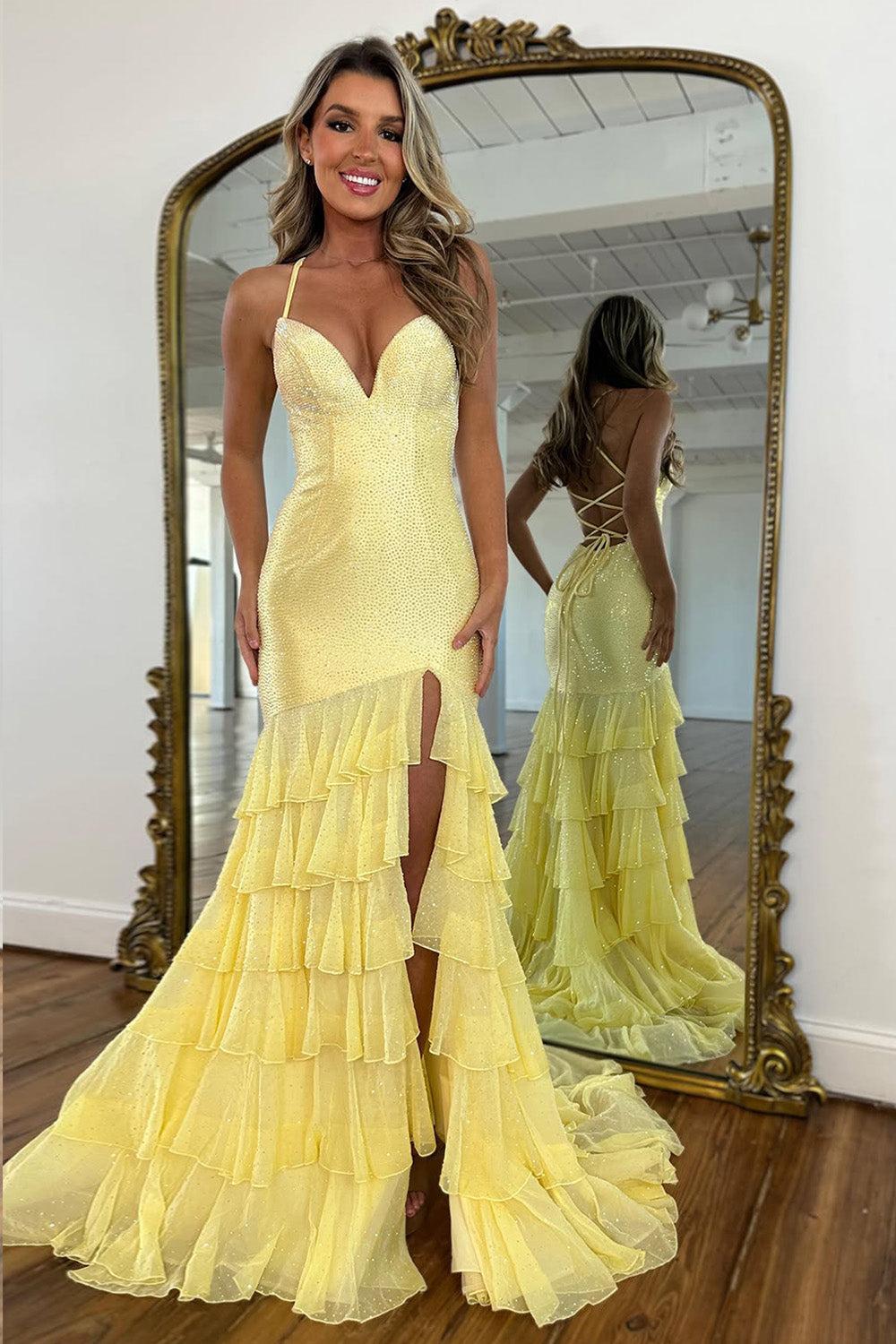 Yellow Sparkle Beaded Top Formal Dress With Side Slit And Corset Back Formal Evening Gown