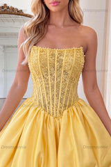 Yellow Strapless A-Line Beaded Short Corset Homecoming Dress