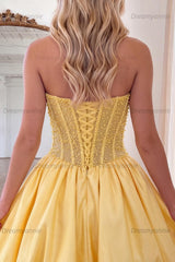 Yellow Strapless A-Line Beaded Short Corset Homecoming Dress