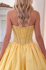 Yellow Strapless A-Line Beaded Short Corset Homecoming Dress