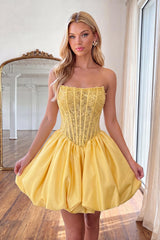 Yellow Strapless A-Line Beaded Short Corset Homecoming Dress