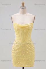 Yellow Strapless Beaded Tight Short Corset Homecoming Dress
