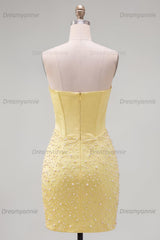 Yellow Strapless Beaded Tight Short Corset Homecoming Dress