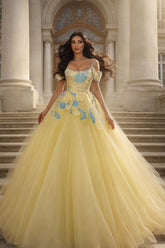 Yellow Tulle Ball Gown Prom Dress with Blue 3D Flowers