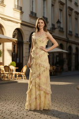 Yellow Floral Printed Prom Dress Sheath/Column Ruffled V Neck Formal Dress