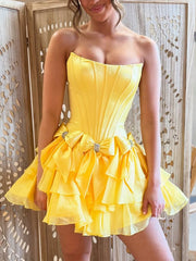 A-Line Strapless Short Satin Homecoming Dress With Bowknot