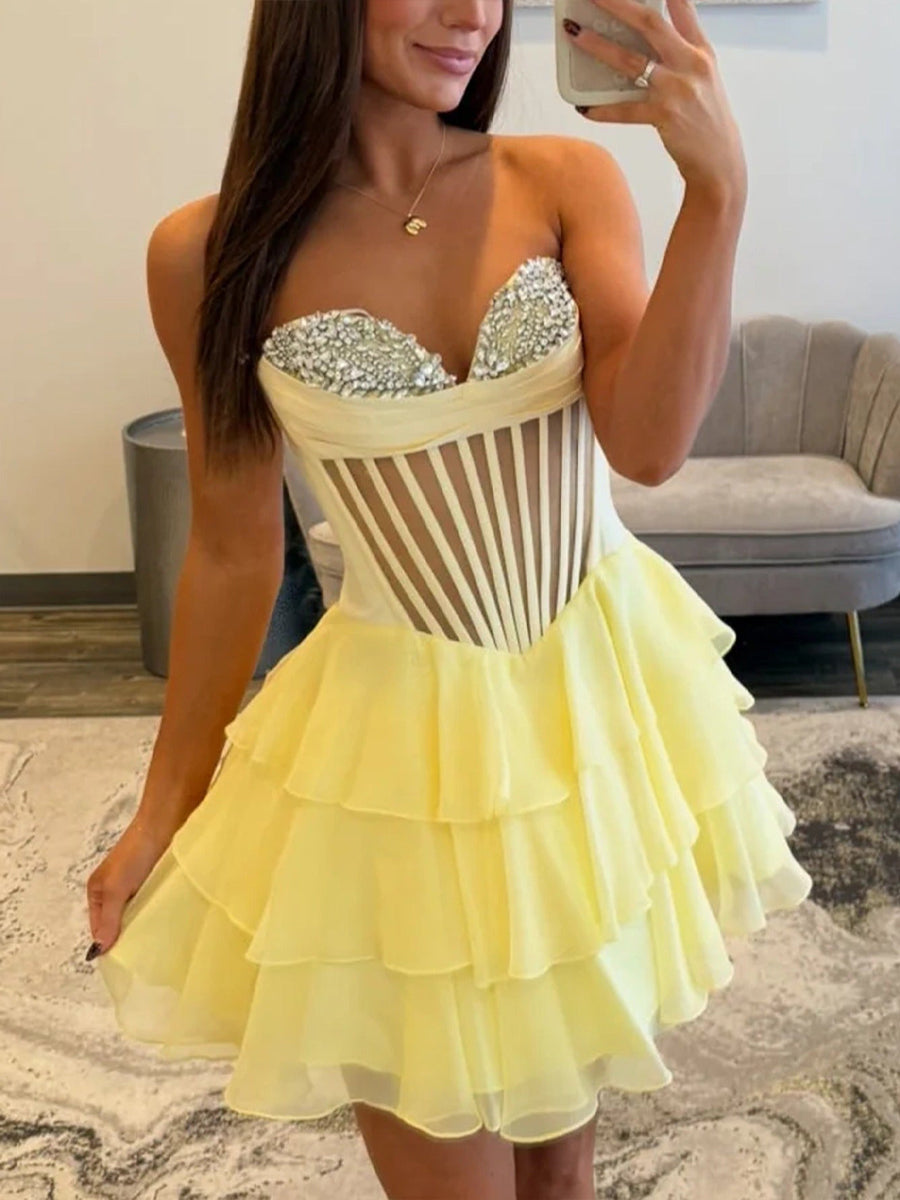 Strapless Sheer Bodice Tiered Short Homecoming Dress with Crystal