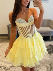 Strapless Sheer Bodice Tiered Short Homecoming Dress with Crystal
