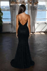 Black Spaghetti Straps Prom Dresses Sequined Mermaid Evening Formal Dresses
