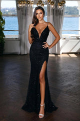Black Spaghetti Straps Prom Dresses Sequined Mermaid Evening Formal Dresses