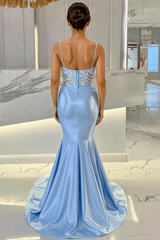 Spaghetti Straps Prom Dresses Beaded Mermaid Satin Evening Formal Dresses