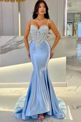 Spaghetti Straps Prom Dresses Beaded Mermaid Satin Evening Formal Dresses