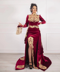 Burgundy Velvet Christmas Party Dress Lace Appliques Long Sleeve Formal Dress With Detachable Train