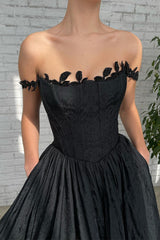 A Line Strapless Applique Off The Shoulder Floor Length High Split Prom Dress