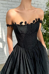 A Line Strapless Applique Off The Shoulder Floor Length High Split Prom Dress