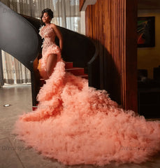 Pink Illusion Crew Neck Prom Dress Mermaid Ruffled Beaded Pearls Formal Dress With Slit