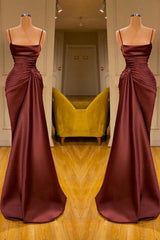 Burgundy Spaghetti Straps Mermaid Ruffles Prom Dress Long
