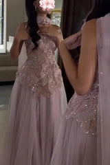 Stunning Pink Prom Dress Beaded Lace Appliqued Corset Tulle Formal Dress with Watteau Train