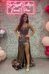 Dreamyannie Copper Sequined Mermaid Spaghetti Straps Long Formal Dress With Slit