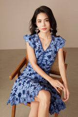 Blue Floral Short A Line Summer Dress