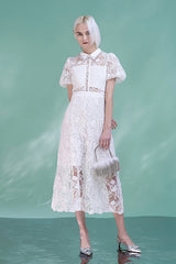 White Puff Sleeve Midi Lace Boho Dress