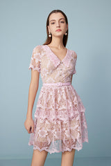 Pink Short Sleeve Lace Tiered Short Casual Summer Dress