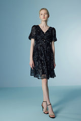 Black V Neck Short Sleeve Sequined Casual Summer Holiday Dress